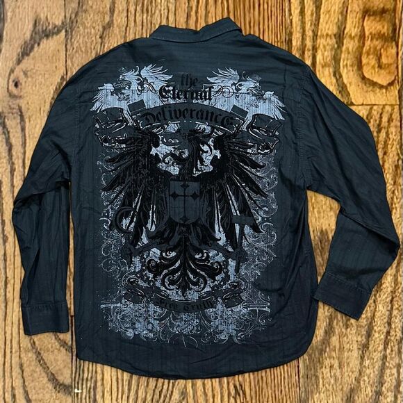 Y2K Eighty Eight Angel Wings and Tribal Affliction Style Button Up Shirt - Picture 1 of 5